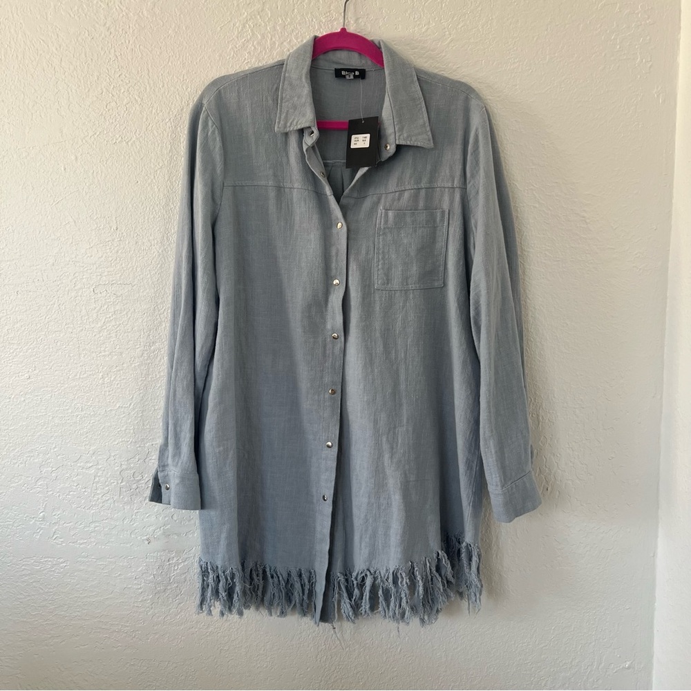 Blue B Linen Oversized Fringed Women's Button Up Top